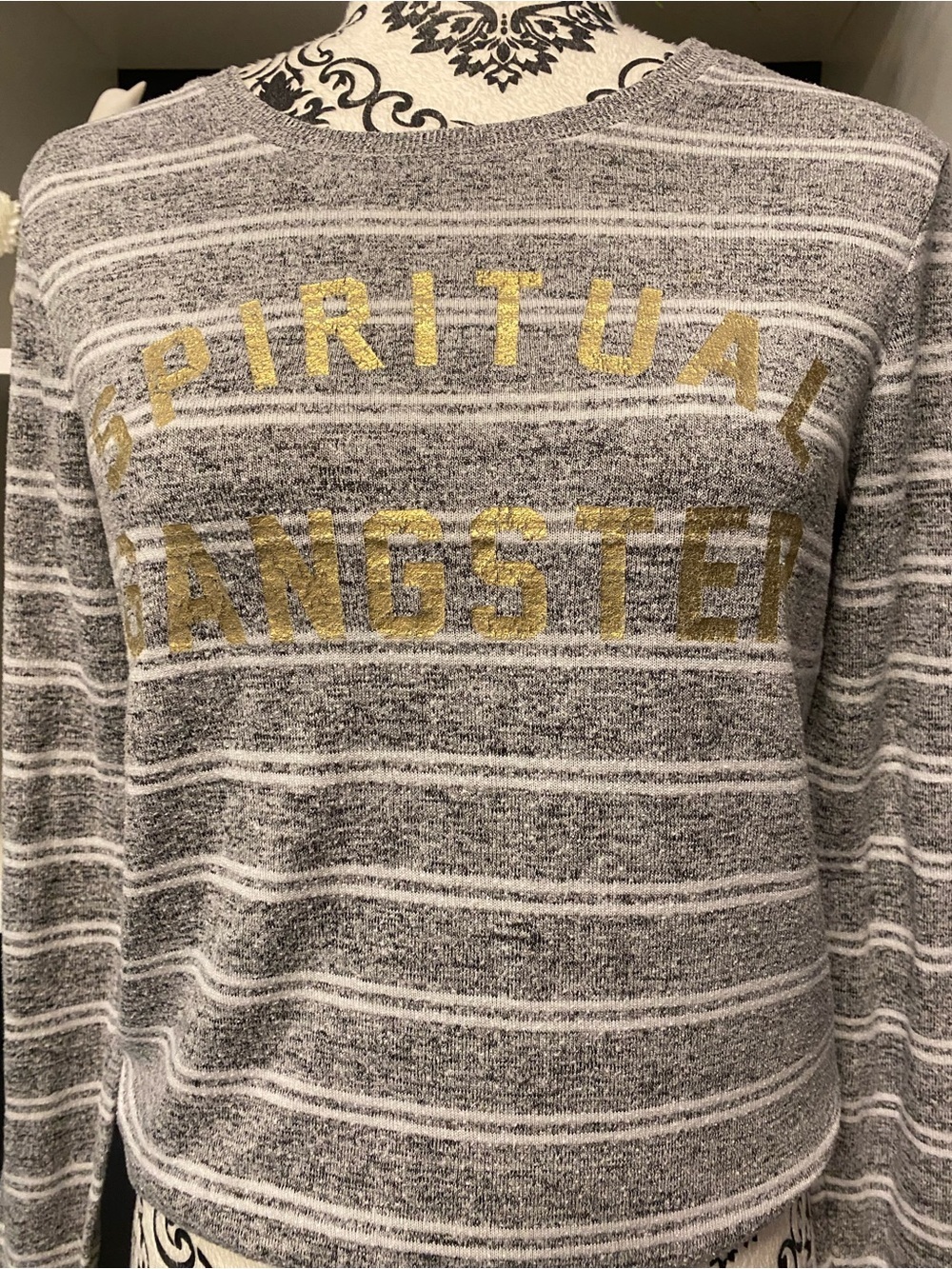 Spiritual Gangster Grey & White Striped Sweater with Gold Logo
